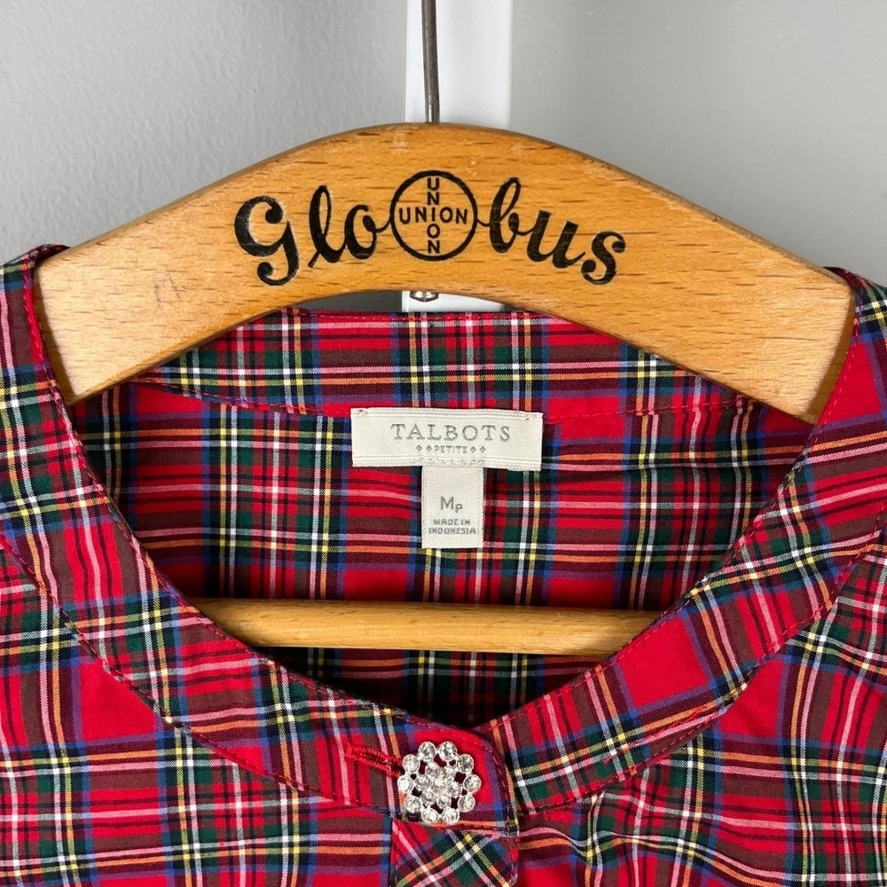 Talbots Petites Red Tartan Plaid Popover Shirt Top Womens‎ MP Holiday Christmas